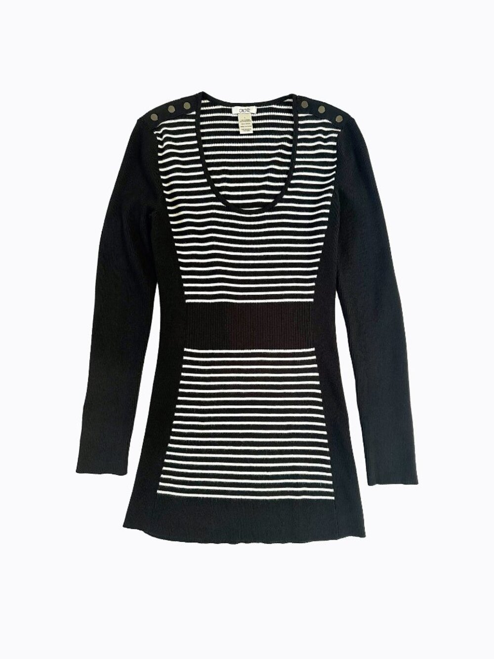 Vtg 90s Cache Striped Ribbed Knit Tunic Sweater Top XS S Button Shoulder Bodycon